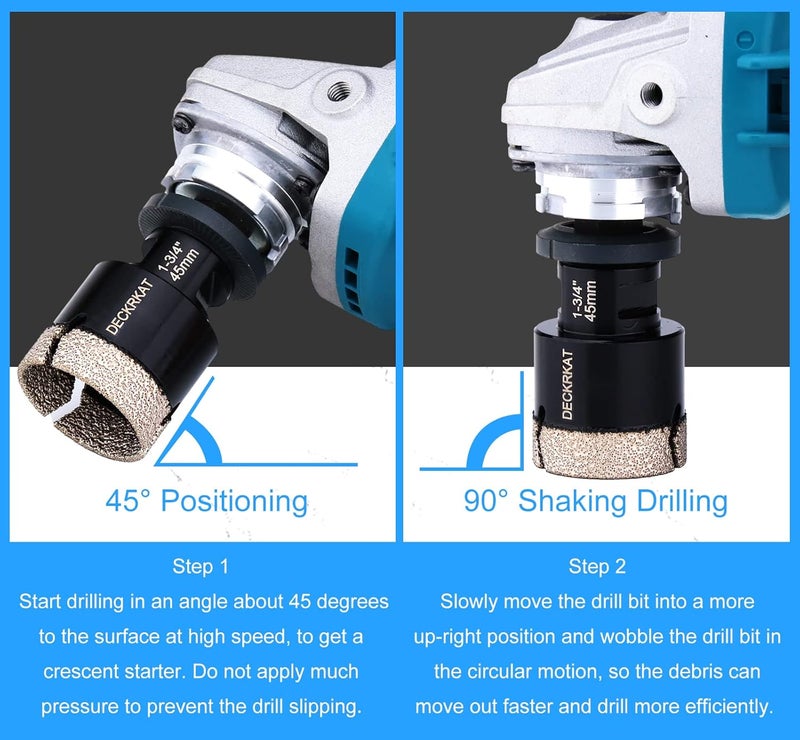 DECKRKAT Diamond Hole Saw, 1-3/4" Hole Saw for Tiles Granite Marble Ceramic Glass Porcelain, 45mm Core Drill Bit with 5/8-11 Thread and 3/8” Hex Shank Adapter for Angle Grinders & Drills - Image 5